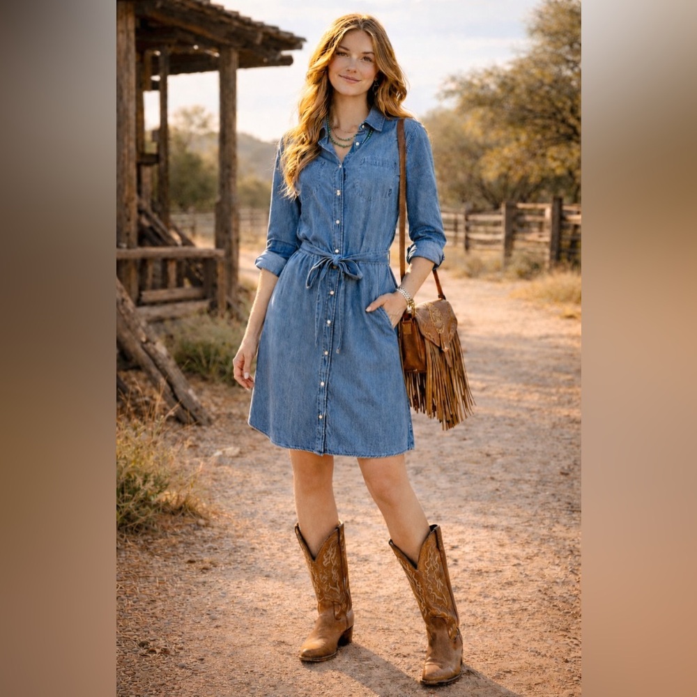 St John’s Bay Women’s Size S Cotton Denim Shirt Dress Roll Tab Sleeves Belted